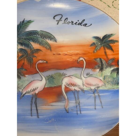 Vintage Hand Painted Florida Flamingos Souvenir State Tropical Plate - Picture 2 of 7